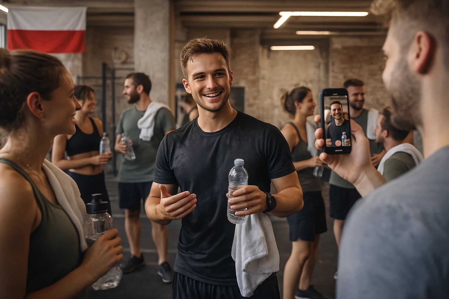 Twórca fitness rozmawia po treningu z innymi twórcami na małym evencie, a obok ktoś nagrywa telefonem krótkie wideo