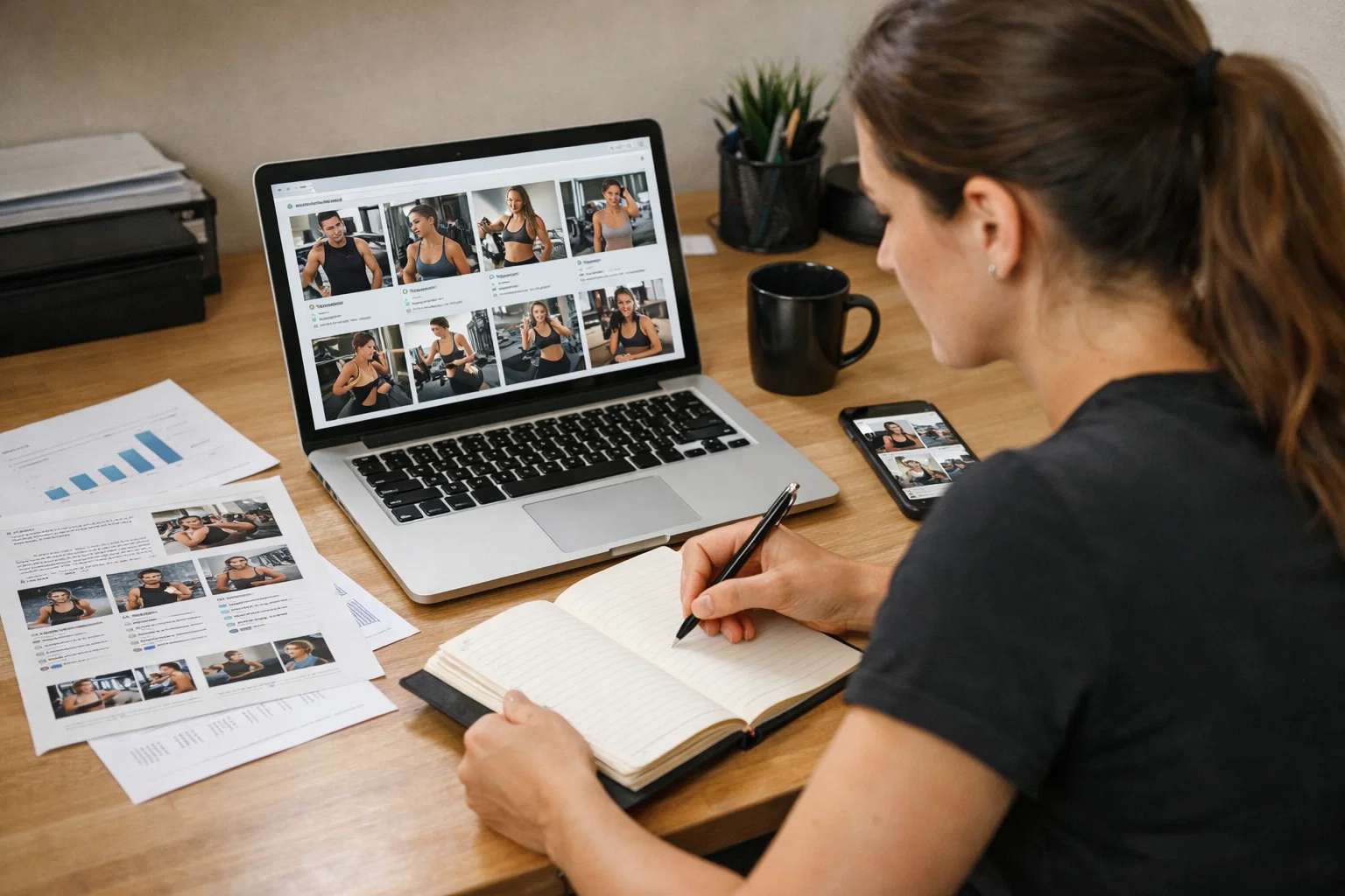 Marketerka analizuje profile twórców fitness na laptopie i notuje kryteria wyboru społeczności, obok leżą raporty i telefon z podglądem relacji