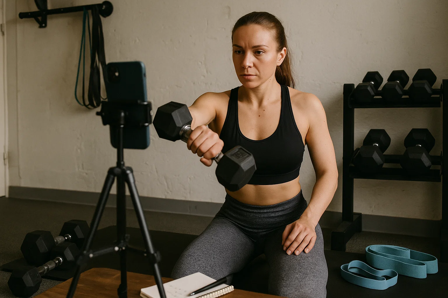 Trenerka fitness nagrywa ćwiczenia telefonem w małej siłowni, z notatkami i statywem obok